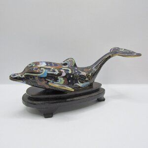 Cloisonné Dolphin Figurine with Wooden Display Base